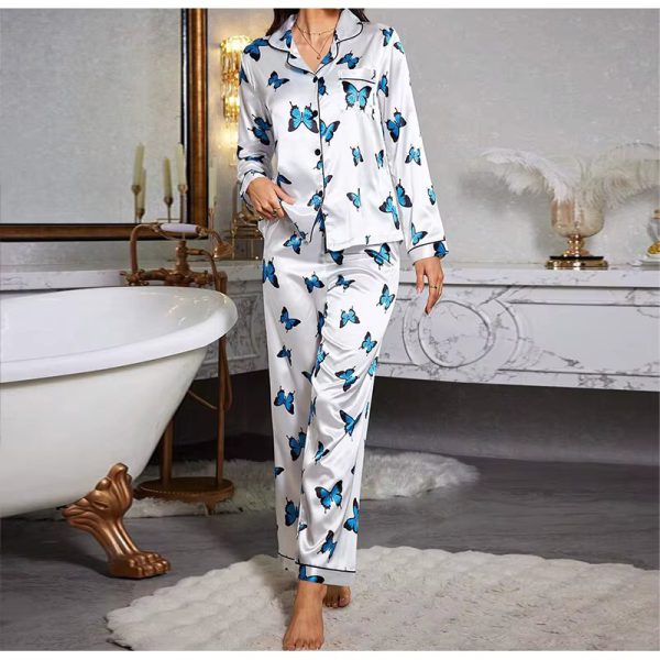 Satin Butterfly Printed Fashion long sleeved Elastic Waist Long Casual Sleepwear Two Piece Set - Image 5
