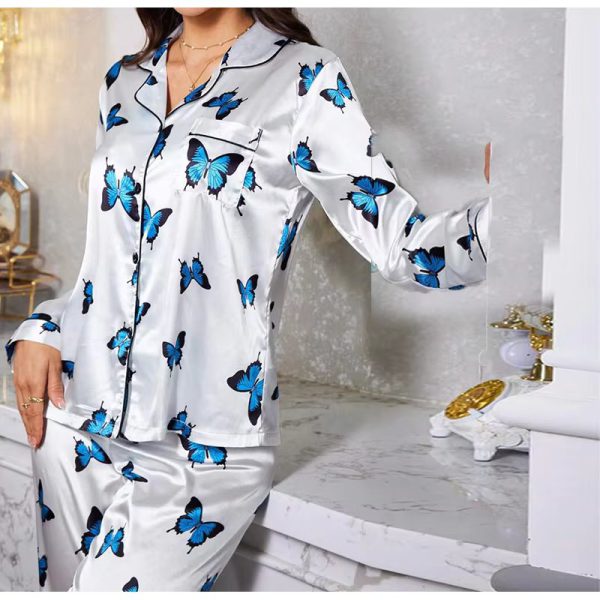 Satin Butterfly Printed Fashion long sleeved Elastic Waist Long Casual Sleepwear Two Piece Set - Image 6