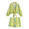 Slim Fit Versatile Linen Print Knot Decoration Casual Shorts Set - Image 5