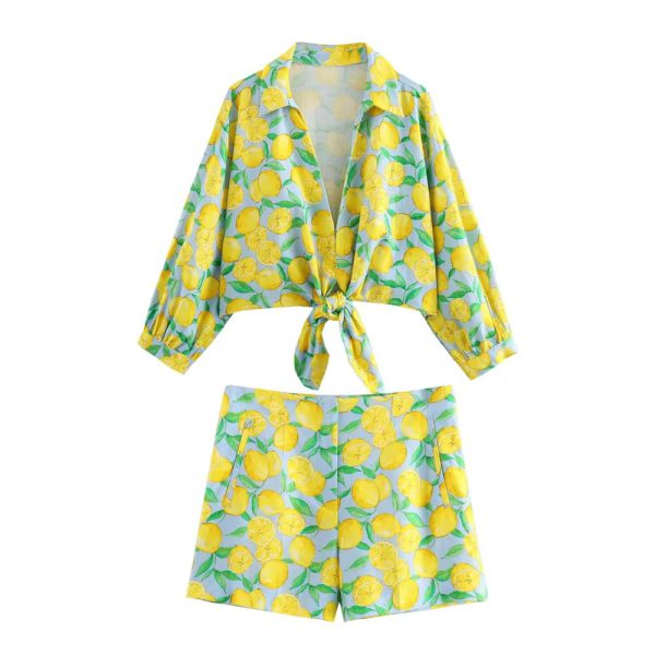 Slim Fit Versatile Linen Print Knot Decoration Casual Shorts Set - Image 5