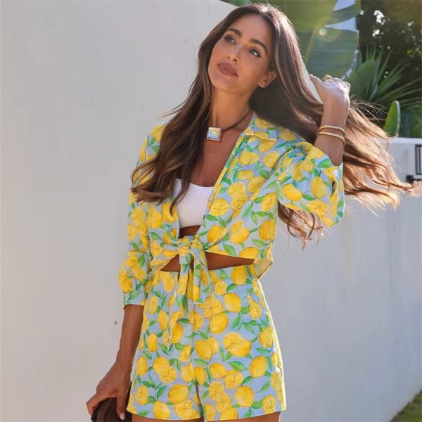 Slim Fit Versatile Linen Print Knot Decoration Casual Shorts Set