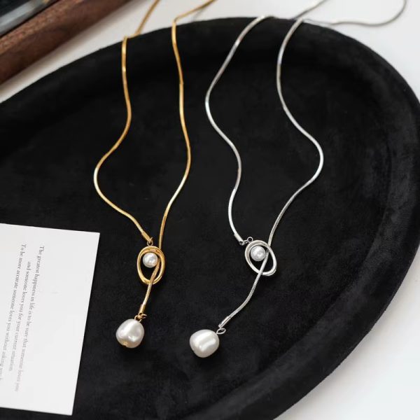 Stainless Steel Pull-out Adjustable Chain Baroque Pearl Pendant Fashion Long Necklace - Image 2