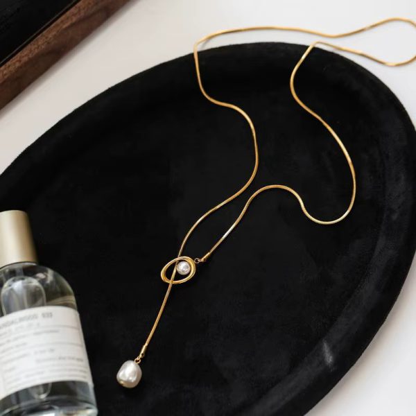 Stainless Steel Pull-out Adjustable Chain Baroque Pearl Pendant Fashion Long Necklace - Image 3
