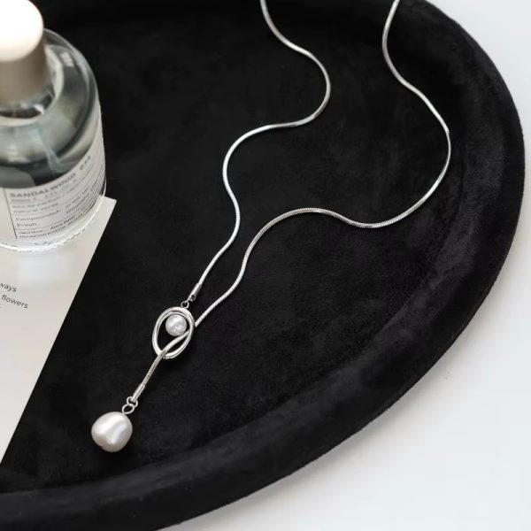 Stainless Steel Pull-out Adjustable Chain Baroque Pearl Pendant Fashion Long Necklace - Image 4