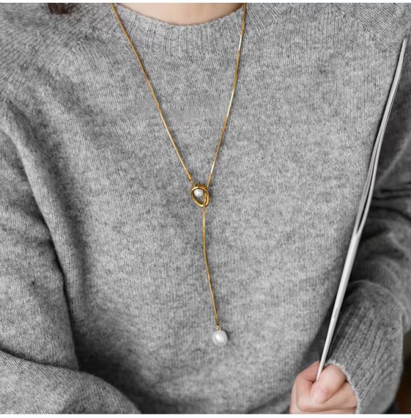 Stainless Steel Pull-out Adjustable Chain Baroque Pearl Pendant Fashion Long Necklace - Image 5
