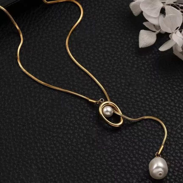 Stainless Steel Pull-out Adjustable Chain Baroque Pearl Pendant Fashion Long Necklace - Image 7
