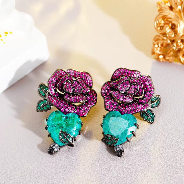 Unique Cubic Zirconia Long Big Flower Heart Dangle Earrings - Image 2
