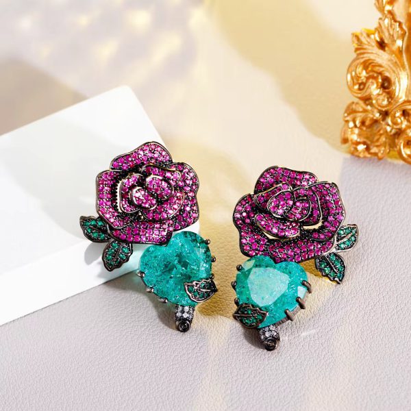 Unique Cubic Zirconia Long Big Flower Heart Dangle Earrings - Image 3