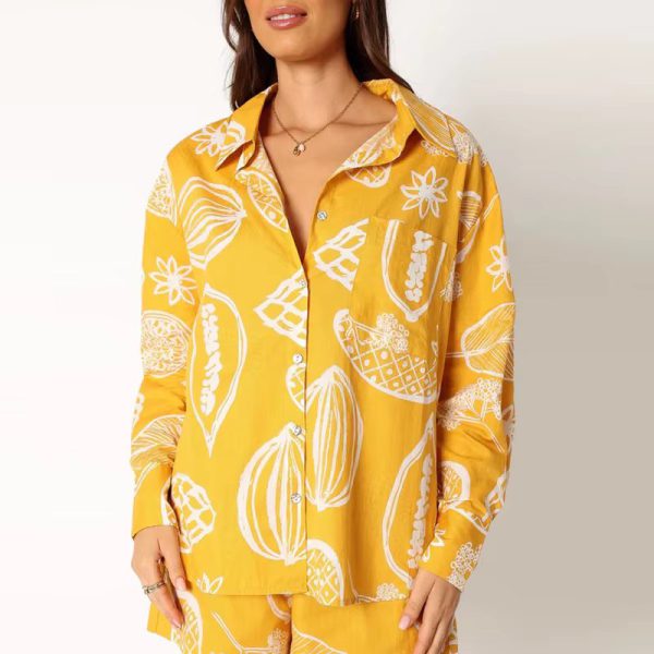 Vintage Print Turn Down Collar Long Sleeve Button Shirt And Drawstring Shorts Two Piece Set - Image 9