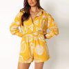 Vintage Print Turn Down Collar Long Sleeve Button Shirt And Drawstring Shorts Two Piece Set - Image 8