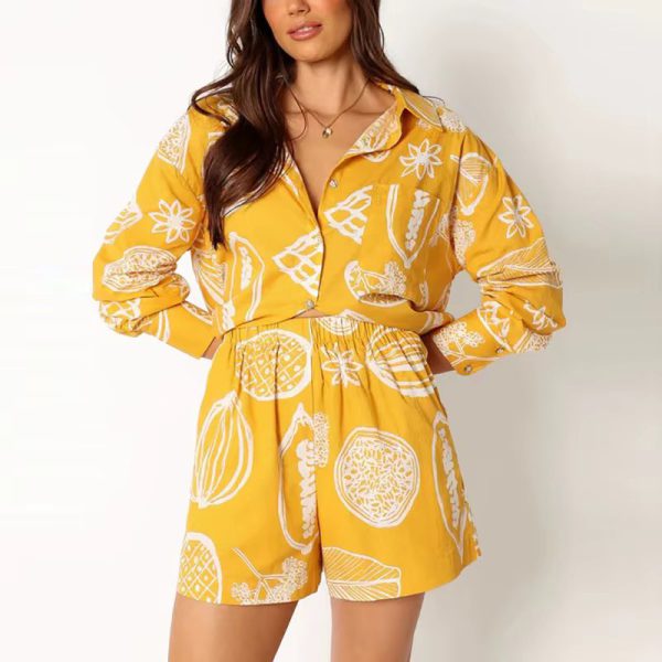 Vintage Print Turn Down Collar Long Sleeve Button Shirt And Drawstring Shorts Two Piece Set - Image 8