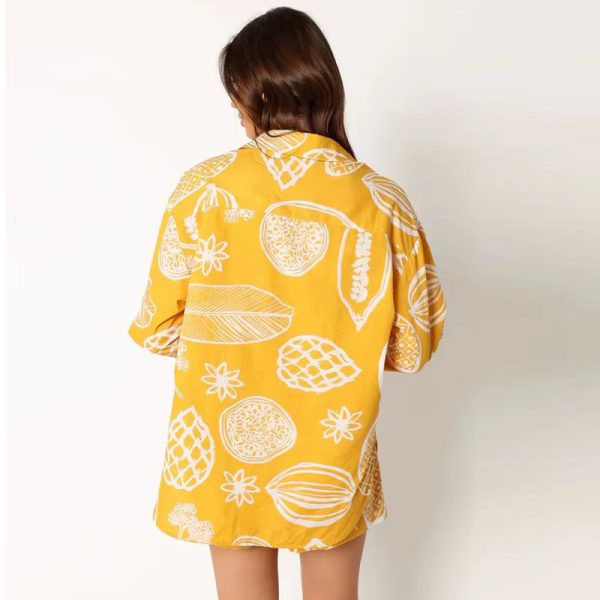 Vintage Print Turn Down Collar Long Sleeve Button Shirt And Drawstring Shorts Two Piece Set - Image 7
