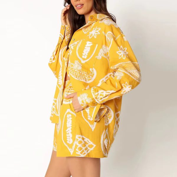 Vintage Print Turn Down Collar Long Sleeve Button Shirt And Drawstring Shorts Two Piece Set - Image 10