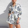 Vintage Print Turn Down Collar Long Sleeve Button Shirt And Drawstring Shorts Two Piece Set - Image 15