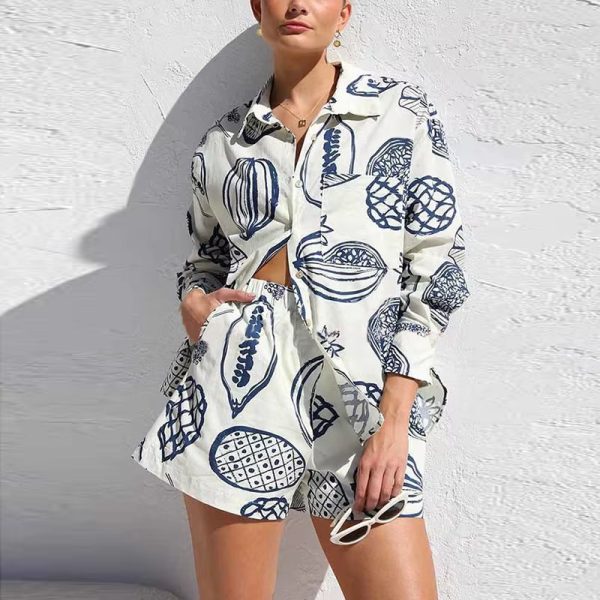 Vintage Print Turn Down Collar Long Sleeve Button Shirt And Drawstring Shorts Two Piece Set - Image 15