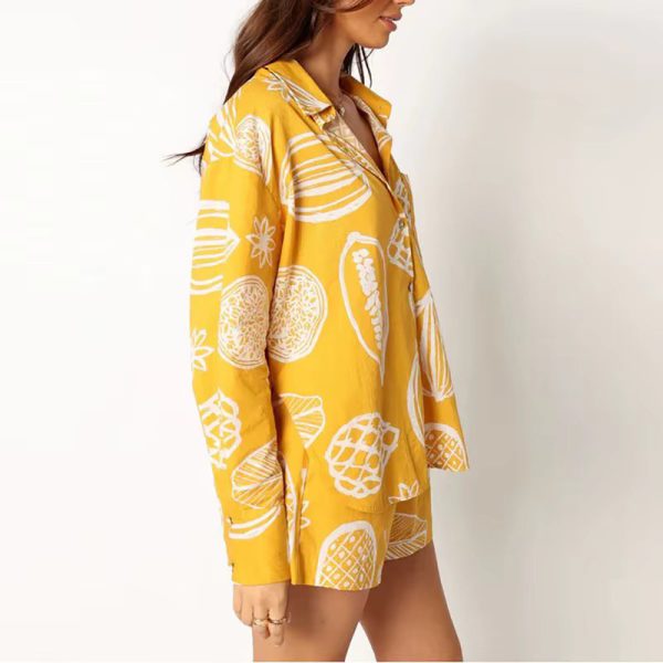 Vintage Print Turn Down Collar Long Sleeve Button Shirt And Drawstring Shorts Two Piece Set - Image 2