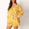 Vintage Print Turn Down Collar Long Sleeve Button Shirt And Drawstring Shorts Two Piece Set