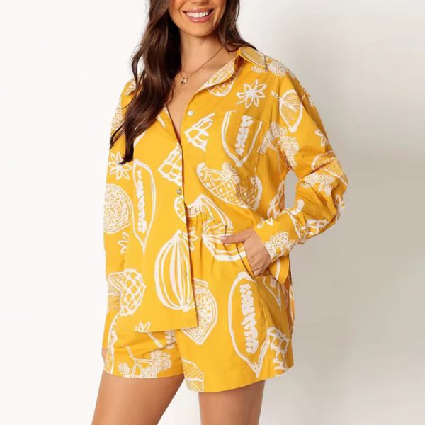 Vintage Print Turn Down Collar Long Sleeve Button Shirt And Drawstring Shorts Two Piece Set