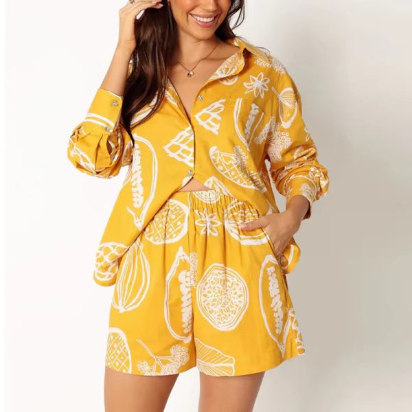 Vintage Print Turn Down Collar Long Sleeve Button Shirt And Drawstring Shorts Two Piece Set - Image 5