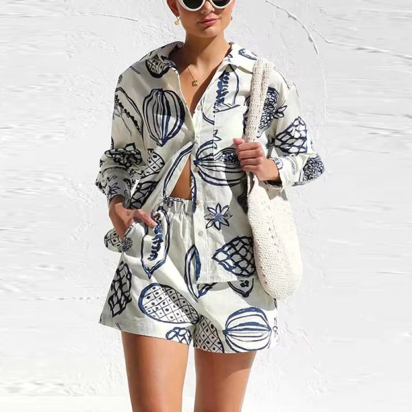 Vintage Print Turn Down Collar Long Sleeve Button Shirt And Drawstring Shorts Two Piece Set - Image 13