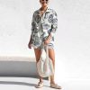 Vintage Print Turn Down Collar Long Sleeve Button Shirt And Drawstring Shorts Two Piece Set - Image 12
