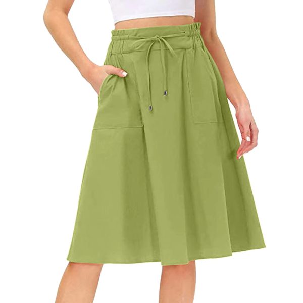 Casual Drawstring Ruffled High Waist Lace Up Fashion Pockets A-Line Pleated Skirt