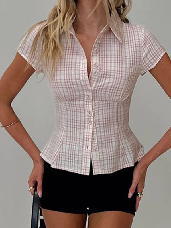 Casual Short Sleeve Plaid Button Down Shirt - Image 7