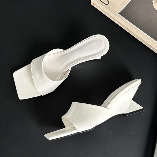 Classic Square Toe Design Concise Wedges High Heels Slippers - Image 6