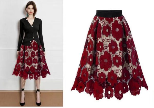 Elegant A-Line Hollow Out  Elastic Waist Boho Lace Skirt