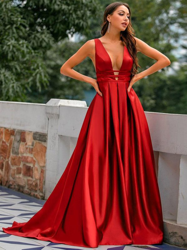 Elegant A-Line V-Neck Backless Fashion Satin Long Formal Dresses