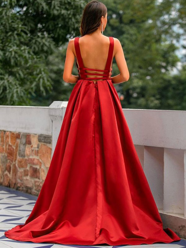 Elegant A-Line V-Neck Backless Fashion Satin Long Formal Dresses - Image 2