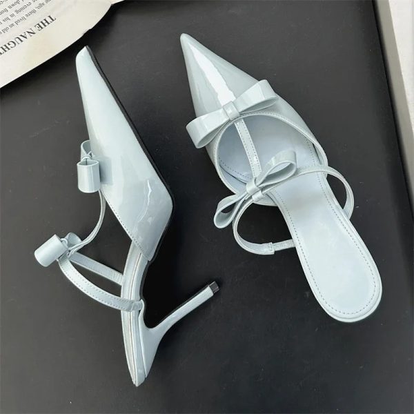 Elegant Butterfly-Knot Fashion Patent Leather Pointed Toe Thin High Heels Slippers - Image 11