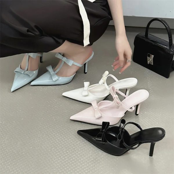 Elegant Butterfly-Knot Fashion Patent Leather Pointed Toe Thin High Heels Slippers - Image 2