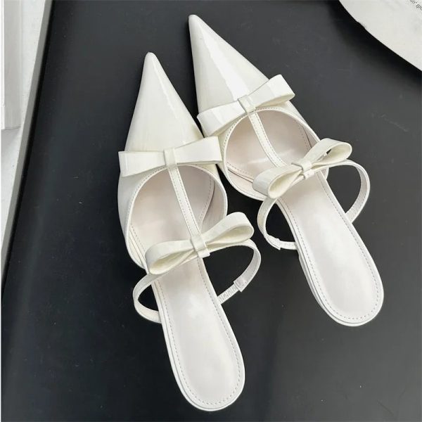 Elegant Butterfly-Knot Fashion Patent Leather Pointed Toe Thin High Heels Slippers - Image 3