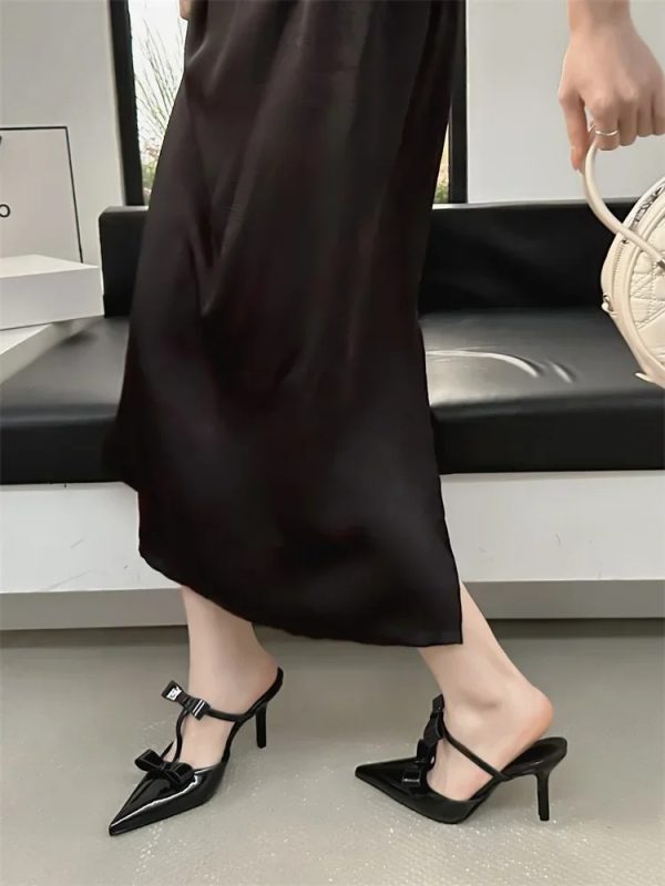 Elegant Butterfly-Knot Fashion Patent Leather Pointed Toe Thin High Heels Slippers - Image 4