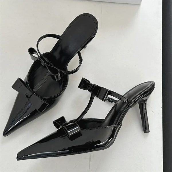 Elegant Butterfly-Knot Fashion Patent Leather Pointed Toe Thin High Heels Slippers - Image 6