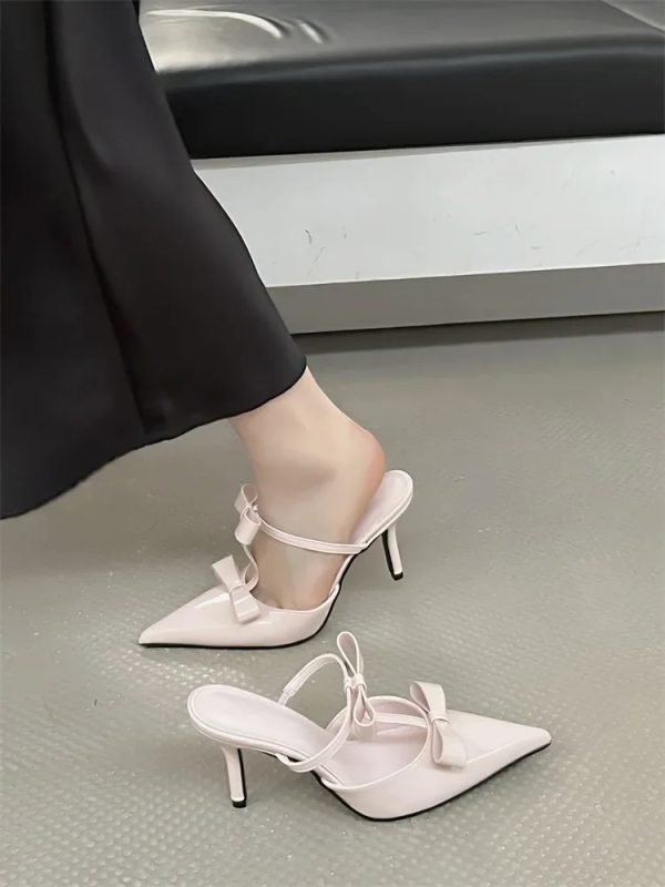 Elegant Butterfly-Knot Fashion Patent Leather Pointed Toe Thin High Heels Slippers - Image 7