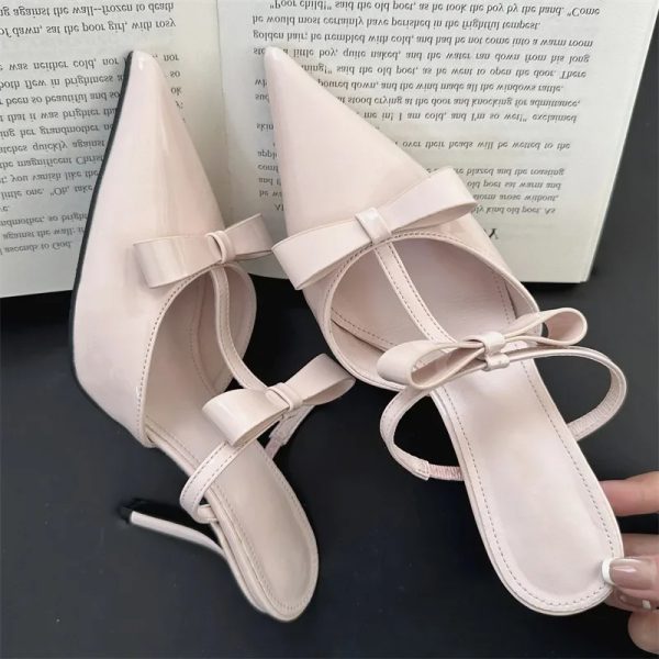 Elegant Butterfly-Knot Fashion Patent Leather Pointed Toe Thin High Heels Slippers - Image 9