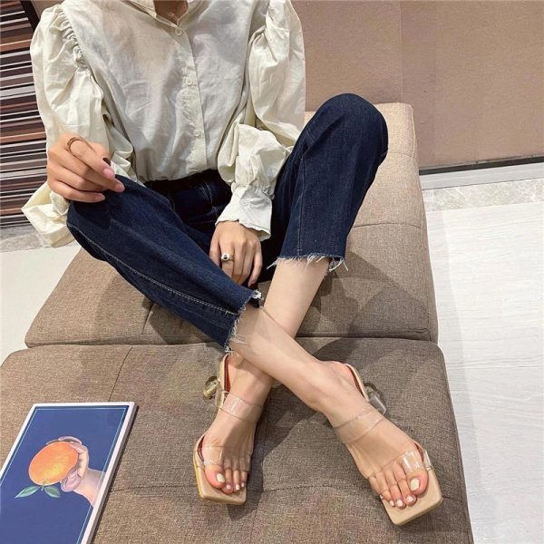 Elegant Crystal Strange Style Clear Heel Square Toe  Slides Shoes - Image 3