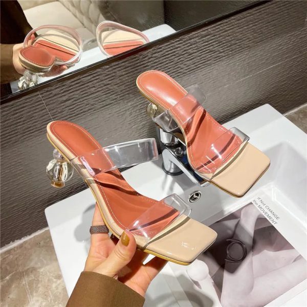 Elegant Crystal Strange Style Clear Heel Square Toe  Slides Shoes - Image 4