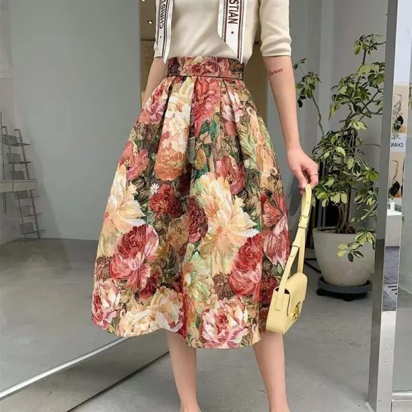 Elegant Floral Chic High Waist Ball Gown Loose Knee-Length Long Skirts