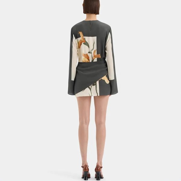 Elegant Floral Patchwork Causal O-neck Long Sleeve Vintage Mini Dress - Image 2