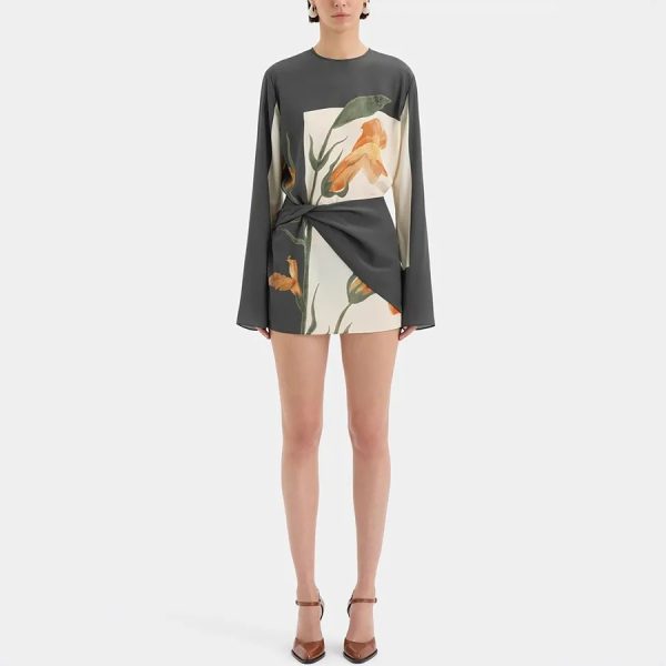 Elegant Floral Patchwork Causal O-neck Long Sleeve Vintage Mini Dress - Image 3