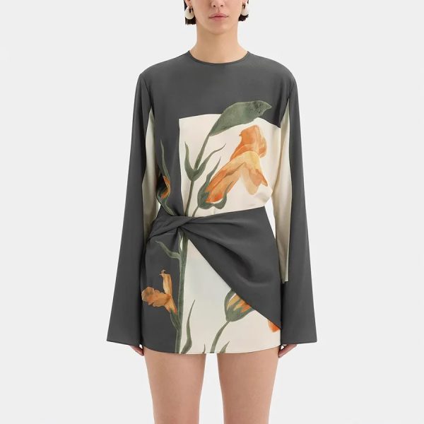 Elegant Floral Patchwork Causal O-neck Long Sleeve Vintage Mini Dress