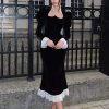 Elegant Lace Details Long Sleeve Velvet Long Dress