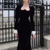 Elegant Lace Details Long Sleeve Velvet Long Dress - Image 3