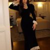 Elegant Lace Details Long Sleeve Velvet Long Dress - Image 4