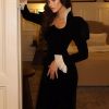 Elegant Lace Details Long Sleeve Velvet Long Dress - Image 5