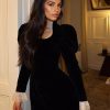 Elegant Lace Details Long Sleeve Velvet Long Dress - Image 6