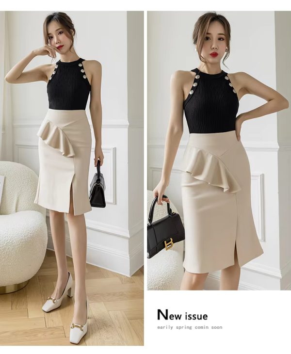 Elegant Ruffles Oversized High Wiast Pencil Korean Bodycon Midi Skirt - Image 2